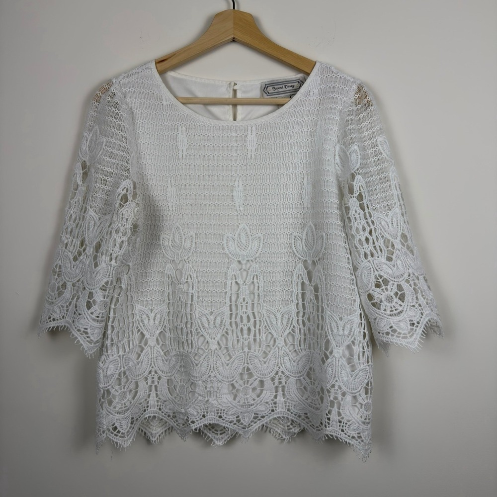 Anthropologie Beyond Vintage White Lace Crochet Boho Blouse Women's M